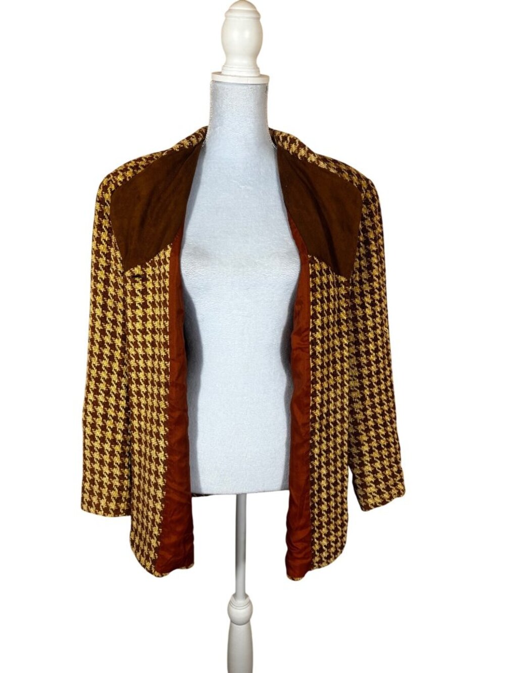 Vintage 70s TAHARI Womens Houndstooth Jacket With Brown Suede-Like Collar L